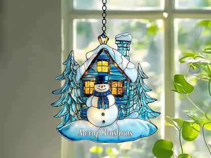 Snowman Christmas Faux Stained ACR Sun Catchers Indoor Windown Suncatchers for Windows Hanging Christmas Suncatchers Window Decor Outdoor Suncatcher