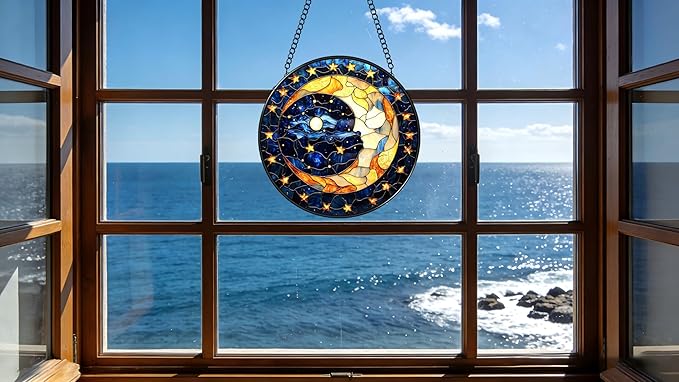 Funoasis Stained Glass Window Hanging 6.3 Inches Suncatcher - A Corner of The Starry Sky and Yellow Pentagram Ornaments Sun Catcher Home Decor Women Birthday