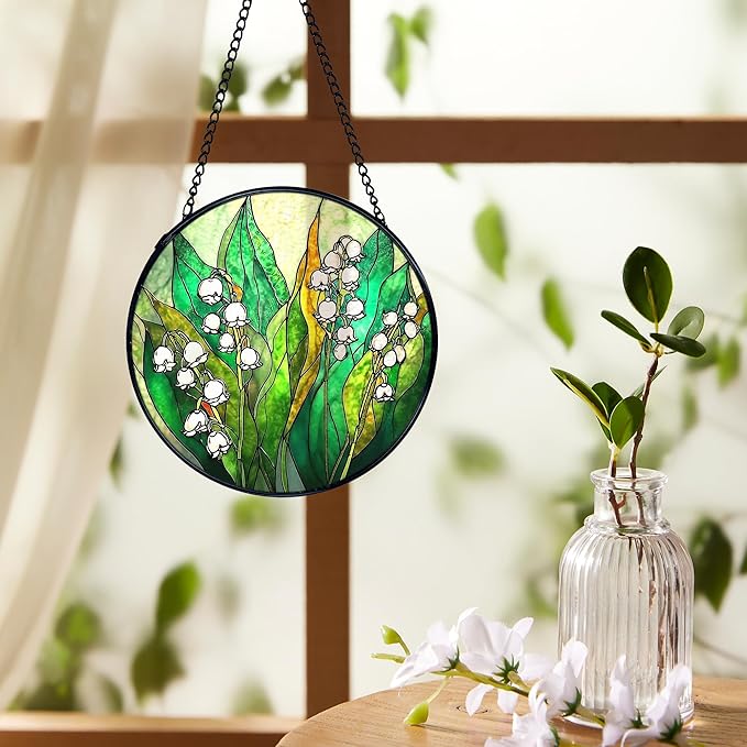 Lily of The Valley Suncatchers Stained Glass Window Hanging, Lily of The Valley Flower Sun Catchers Indoor Window Glass Round Wall Decor, Floral Botanical Wall Hanging Decorations, 7.9x7.9in