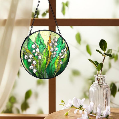 Lily of The Valley Suncatchers Stained Glass Window Hanging, Lily of The Valley Flower Sun Catchers Indoor Window Glass Round Wall Decor, Floral Botanical Wall Hanging Decorations, 7.9x7.9in