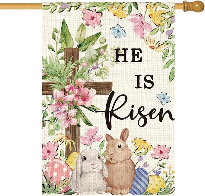 AVOIN colorlife He Is Risen Easter House Flag 28x40 Inch Double Sided Outside, Bunnies Flowers Cross Yard Outdoor Decoration