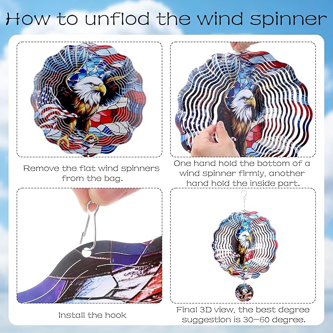 American Eagle Wind Spinner - 3D Stainless Steel Wind Spinners Outdoor Flag Pattern Ornaments Kinetic Spinning Art Hanging 250 Anniversary Patriotic Decor for Patio Lawn Garden Yard Balcony