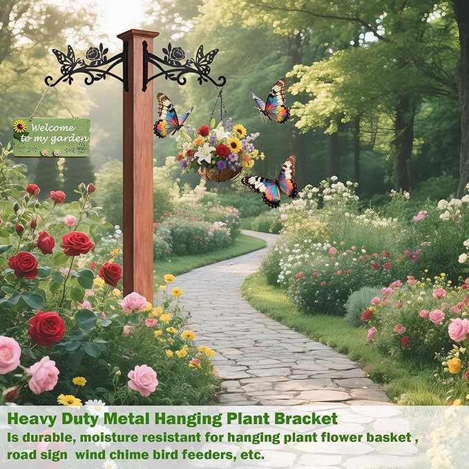 2 Pack Plant Hanger Hooks-12in Hanging Basket Hook-Heavy Duty Metal Wall Hanger with Butterfly Pattern-Plant Bracket for Outdoor & Indoor Hanging Plants,Bird Feeder,Lantern