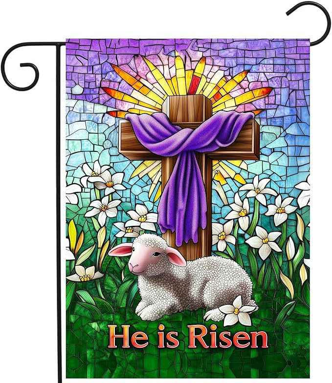 Christian Easter Garden Flag He is Risen Yard Flag Religious Easter Lamb Decor Stained Glass Cross Flag for Outside 12x18 Double Sided Lily Spring Outdoor Flag Small