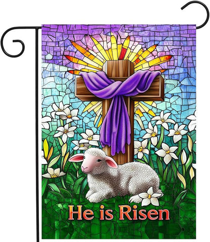 Christian Easter Garden Flag He is Risen Yard Flag Religious Easter Lamb Decor Stained Glass Cross Flag for Outside 12x18 Double Sided Lily Spring Outdoor Flag Small