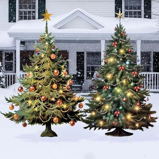 Geelin 2 Pcs Large Christmas Tree Sign Yard with Stake 2.62 ft Vintage Patio Lawn Decoration Outdoor Christmas Party Favor Ornament Garden Sign for Party Supplies(Vintage Tree)