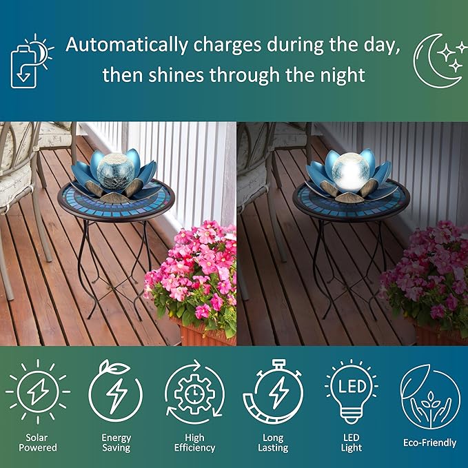 MCSLOTUS-B Blue Lotus Flower Solar LED Garden Light with Crackled Glass Globe – Waterproof Metal Outdoor Décor