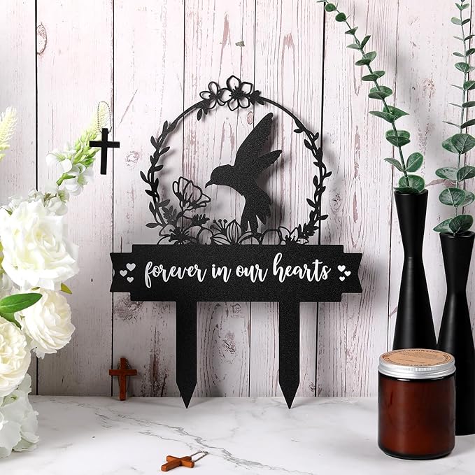Geelin Memorial Stakes Cemetery Decorations for Grave Hummingbird Grave Marker Memorial Plaques Bird Flower Gift for Loss of Mother Father Outdoors Yard Garden Decor(Forever Our Hearts)