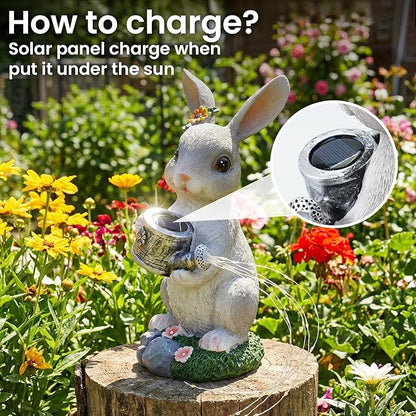 Solar Rabbit Garden Statues Outdoor Decor, Resin Rabbit Figurine Decorations with Solar Light, Whimsical Bunny Sculpture for Patio, Balcony, Yard, Lawn Ornament, Perfect Garden Gift