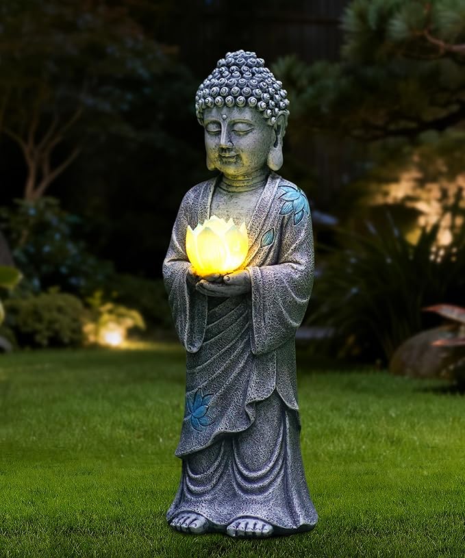Nacome Solar Buddha Garden Statues with Lotus Flower: Resin Zen Decor Waterproof Sculpture Outdoor Light Design for Outside Patio Lawn Yard Balcony - 14.6 inches(Grey)