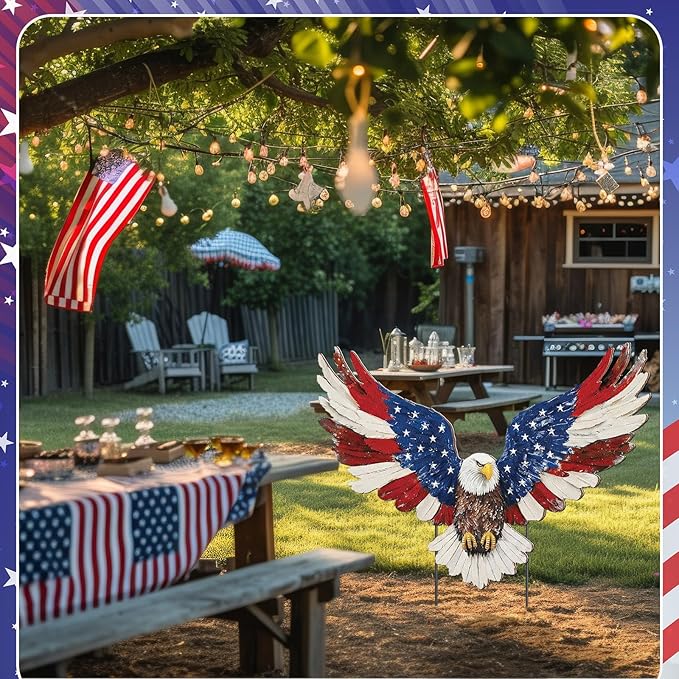 Amyhill 4th of July Outdoor Decor Patriotic Eagle Metal Garden Stakes Decorative Red White Blue Star Yard Signs with Stakes for Independence Day Memorial Day Garden Lawn Decorations