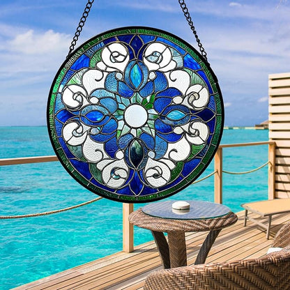 DASTOLL Stained Glass Window Hanging, Boho Style Sun Catchers Diamond Glass Panel Hangings Tiffany Suncatcher Decor for Birthday for Women, Men, Wife, Aunt, and Mom 14.9x14.9 in