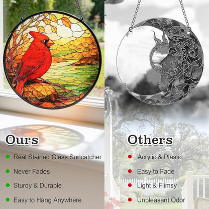 Cardinal Suncatcher for Windows Hanging - 6.3" Stained Glass Memorial Day Decorations - Round Red Bird Decor, Sympathy Gifts for Loss of Loved One, Remembrance Keepsake for Home & Garden