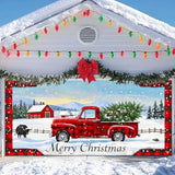 IVN Merry Christmas Garage Door Banner 13x6ft Festive Buffalo Plaid Truck in Snowy Landscape Photo Prop Background for Joyful Holiday Yard Door Cover Background Outdoor Winter Scene