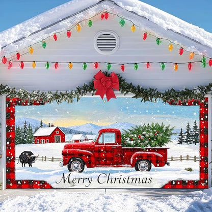 IVN Merry Christmas Garage Door Banner 13x6ft Festive Buffalo Plaid Truck in Snowy Landscape Photo Prop Background for Joyful Holiday Yard Door Cover Background Outdoor Winter Scene