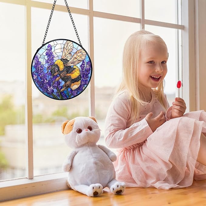 Bee Lavender Flower Suncatchers Stained Glass Window Hanging, Bumblebee Flower Sun Catchers Indoor Window Glass Round Wall Decor, Bee Floral Wall Hanging Decorations, 7.9x7.9in