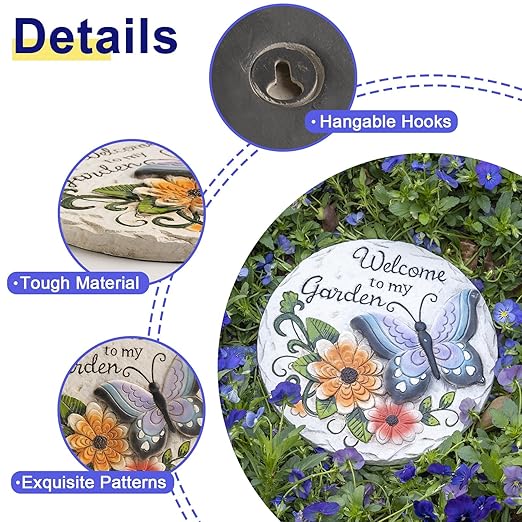 Garden Stepping Stones Outdoor Butterfly Step Stones for Walkway Gardening Gifts Welcome to My Garden Decorative Round Concrete Stones for Outside Yard Stone