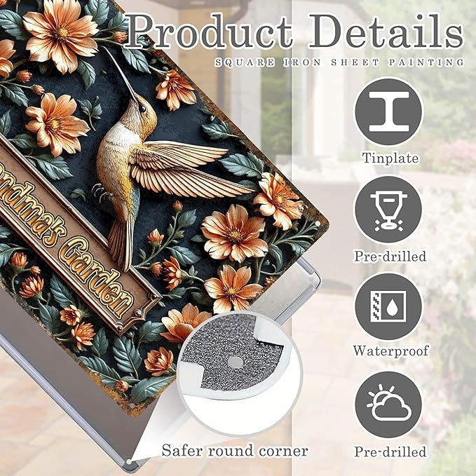 Custom Garden Signs Personalized Metal Tin Sign for Women, Hummingbird Metal Sign for Outdoor, Patio, Yard Rustic Home Decor Gift for Mothers Day, Grandmas, and Gardening Lovers