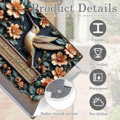 Custom Garden Signs Personalized Metal Tin Sign for Women, Hummingbird Metal Sign for Outdoor, Patio, Yard Rustic Home Decor Gift for Mothers Day, Grandmas, and Gardening Lovers