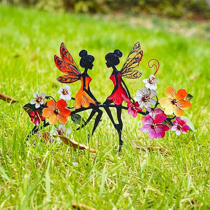 Colorful Metal Fairy Garden Stake - Fairies on Flowering Tree Branch Statue, Rustproof Outdoor Indoor Decor for Patio, Yard, Wall & Fence(Fairys2)