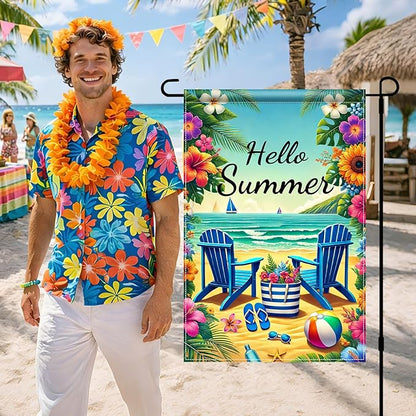 HOMETITUTE Hello Summer Garden Flag Beach Chair Sunset Sea 12x18 Inch Double Sided Welcome Small Seasonal Holiday Yard Outdoor Sign Outside Home House Beach Party Decorations