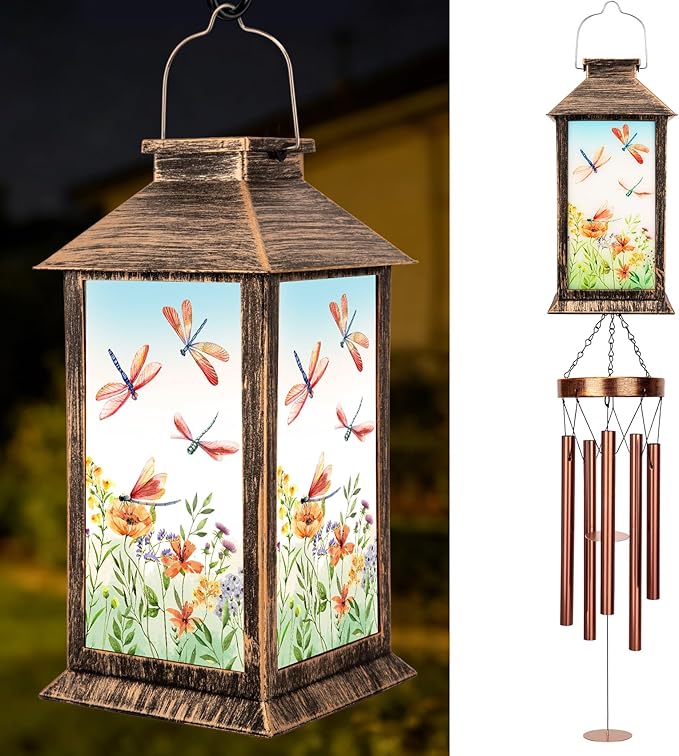 YHmall Wind Chimes for Outside, 37" Windchimes Outdoors Birthday Memorial Dragonfly Gifts for Women Mom Grandma, Hanging Solar Lantern Outdoor for Home Patio Yard Garden Decor