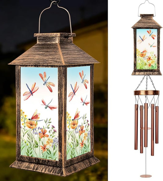 YHmall Wind Chimes for Outside, 37" Windchimes Outdoors Birthday Memorial Dragonfly Gifts for Women Mom Grandma, Hanging Solar Lantern Outdoor for Home Patio Yard Garden Decor