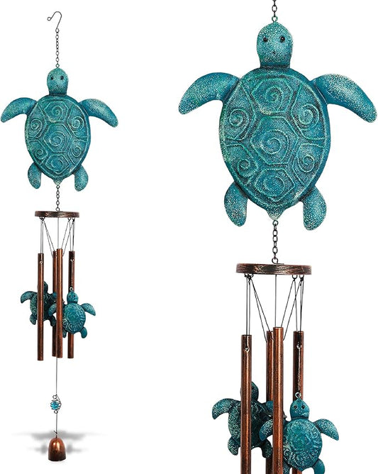 CoTa Global Rustic Sea Turtle Wind Chime - Handcrafted Glass and Metal Chime - Hanging Turtle Decorations for Indoor and Outdoor Spaces, Rustic Ocean Animal Windchime Decor Gift - 34 Inches