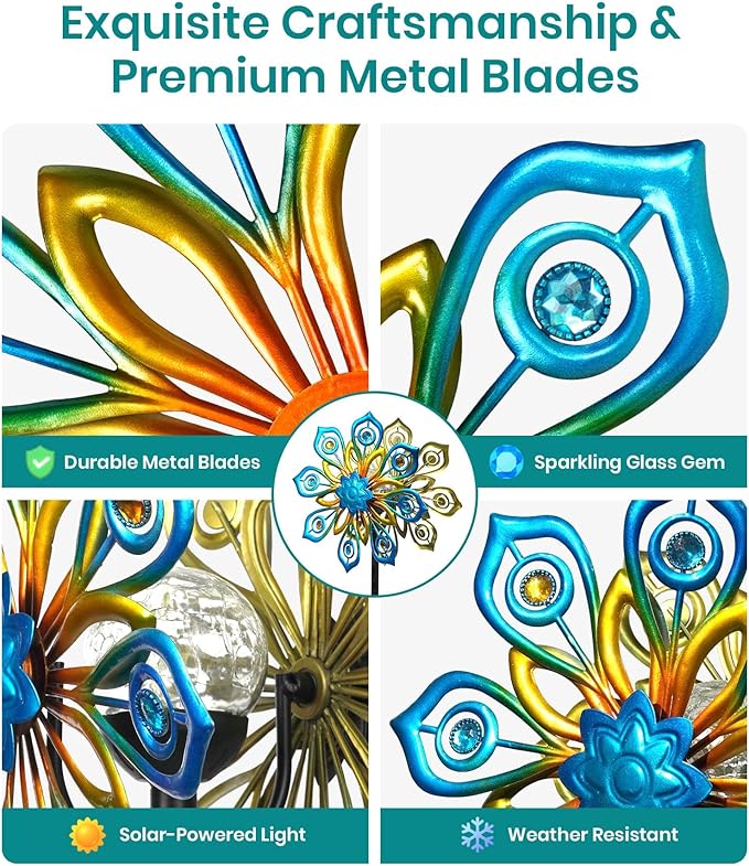 Solar Wind Spinners Outdoor, 63x13 Inch Double Layer Metal Wind Spinner with Crackle Glass Ball, Built-in Solar Panel, Peacock Feather Kinetic Yard Art with LED Light for Garden Decor