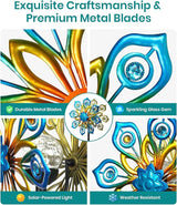 Solar Wind Spinners Outdoor, 63x13 Inch Double Layer Metal Wind Spinner with Crackle Glass Ball, Built-in Solar Panel, Peacock Feather Kinetic Yard Art with LED Light for Garden Decor