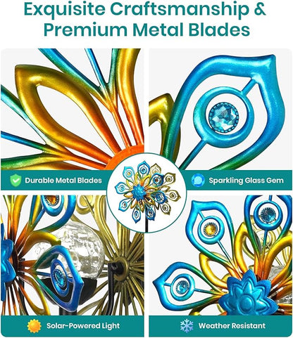 Solar Wind Spinners Outdoor, 63x13 Inch Double Layer Metal Wind Spinner with Crackle Glass Ball, Built-in Solar Panel, Peacock Feather Kinetic Yard Art with LED Light for Garden Decor