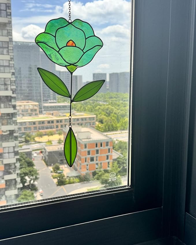 Flower Suncatchers, Stained Glass Window Hangings, Garden Suncatchers for Window and Wall Decor (B-Green)