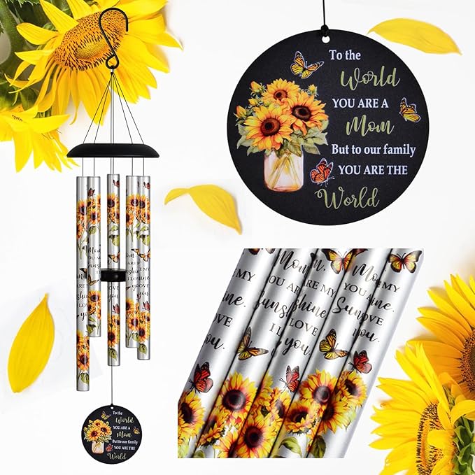 Sunflower Wind Chimes with Heartfelt Message Gift for Mom, Mother's Day Best Gifts for Mom Wind Chimes for Outside, Love Reminder Gifts for Mother Birthday Thanksgiving Christmas from Daughter Son