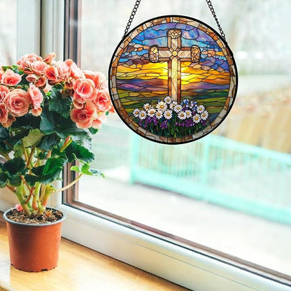 DASTOLL Christian Gifts for Women - Cross Stained Glass Window Hanging Jesus Easter Daisy Grassland Sunset Sun Catcher Garden Religion Decor Mother's Day Catholic Gift for Men Grandma Nana Her 11.8"