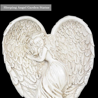 Angel Garden Statue for Outdoor Sleeping Angel with Wings Fairy Memorial Guardian Love Angels with Stake for Outside Yard Art Grave Cemetery Patio Balcony Lawn, White