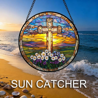 DASTOLL Christian Gifts for Women - Cross Stained Glass Window Hanging Jesus Easter Daisy Grassland Sunset Sun Catcher Garden Religion Decor Mother's Day Catholic Gift for Men Grandma Nana Her 9.8"