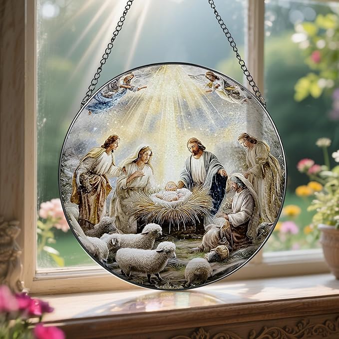Stained Glass Suncatcher, Nativity Sun Catcher Ornament; Stained Glass Window Hanging, Christmas Ornament, Christian Home Decor; Gifts for Christmas, Christian Gift, Religious Gift