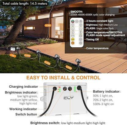 CLY Solar Landscape Spotlights, Solar Landscape Lights Outdoor IP66 Waterproof, Remote Control 2Modes 3Brightness Adjustable 2700-6500K Auto On/Off 14M Cable for Garden Pathway Trees Flag 4 in 1