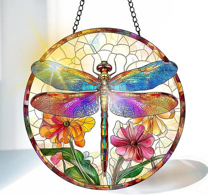 VAIIEYO Dragonfly Sun Catcher Stained Glass Window Hanging Ornament, Handmade Sun Catcher Animal Decoration with Hooks for Window Garden Home, Mother's Day & Birthday Housewarming Gift (7.8 inch)