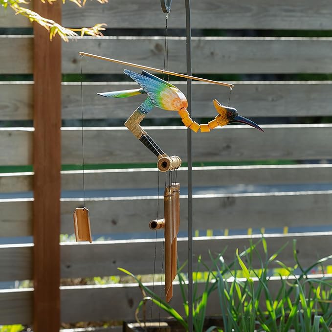 Cohasset Gift & Garden Sweet Bobbing Head Bird Bamboo Wind Chime - Unique Outdoor Rustic Decor, Medium to Large Sized for Outside Spaces, Air Brushed Pastel Gradient - Bird and Rooster Wind Chimes
