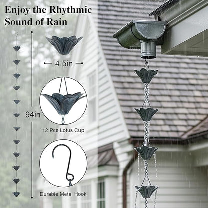 Topadorn Rain Chain Decoration 8.5 FT., Rain Catcher Chain Gutter Downspout 102'' for House Eaves, Garden & Home, Iron Flower Cups Design Rain Chains