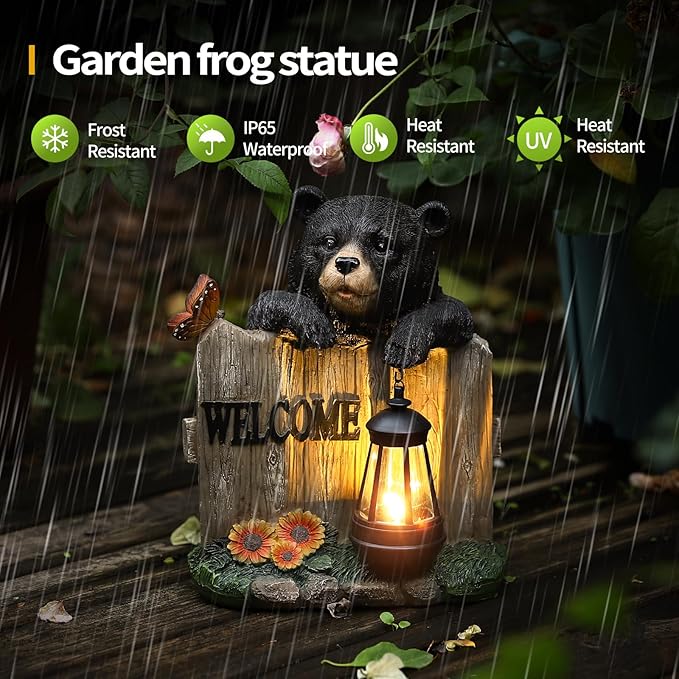 Solar Bear Garden Statue with Hanging Lantern Light, Resin Outdoor Welcome Sign Decor, Waterproof Solar Powered Garden Decoration for Yard, Lawn, Patio, 10.6"