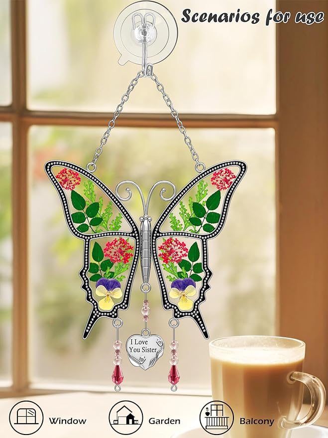 KY&BOSAM Butterfly Suncatcher I Love You Sister Stained Glass for Windows Hanging Wind Chime Pressed Flower and Metal Heart Charm for Sister Birthday Valentine`s Day Christmas Décor