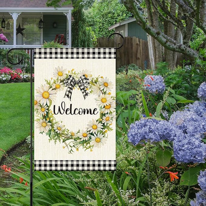 Daisy Wreath Welcome Garden Flags for Outside,Spring Flowers Garden Flag Yard Lawn Porch Flag for Outdoor Decorations 12x18 Inch Double Sided