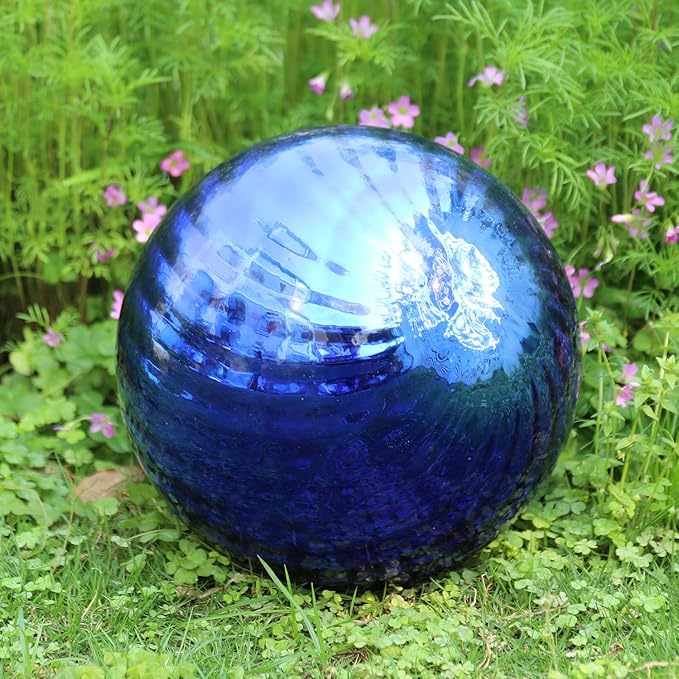 VCUTEKA Gazing Ball, Glass Mirror Polished Hollow Ball Reflective Garden Sphere, Gazing Globe for Home Garden Lawn Outdoor Ornament Yard Decorative, 10-Inch, Dark Blue