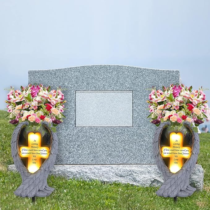 Angel Wings and Cross Solar Light CemeteryDecorations, Cemetery Decorations,Garden Solar Vase Decorations,Gift for Lost Lovers Ones (White)