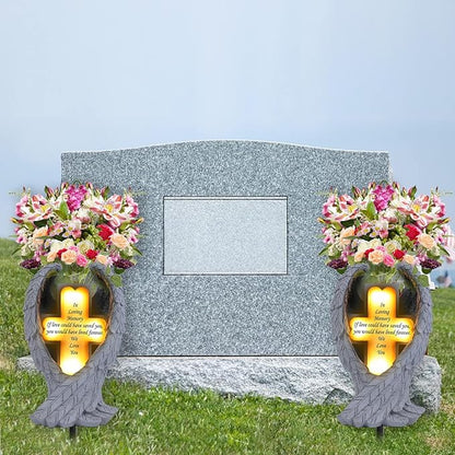 Angel Wings and Cross Solar Light CemeteryDecorations, Cemetery Decorations,Garden Solar Vase Decorations,Gift for Lost Lovers Ones (White)