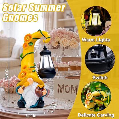 twinbling Mom Birthday Gifts-Garden Gnome Statue with Solar Lights Large Garden Sculptures Funny Triple Gnome Outdoor Patio Lawn Yard Garden Decor Gifts for Women Mom 12 in Spring Gnomes Outdoor