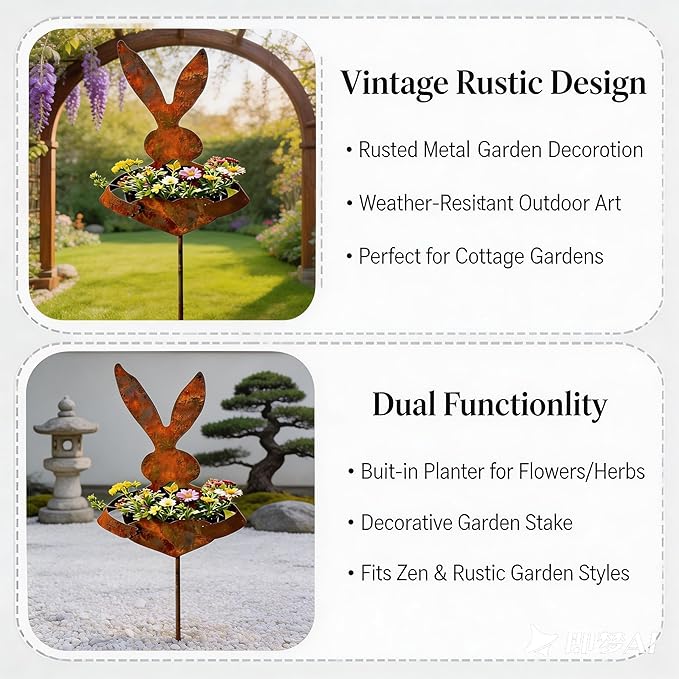 EPMANN Easter Vintage Metal Rabbit Shaped Planter Garden Stake, Rustic Patina Finish Bunny Decor for Outdoor Garden Yard, Decorative Stake for Small Flowers Succulents Spring Displays