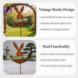 EPMANN Easter Vintage Metal Rabbit Shaped Planter Garden Stake, Rustic Patina Finish Bunny Decor for Outdoor Garden Yard, Decorative Stake for Small Flowers Succulents Spring Displays